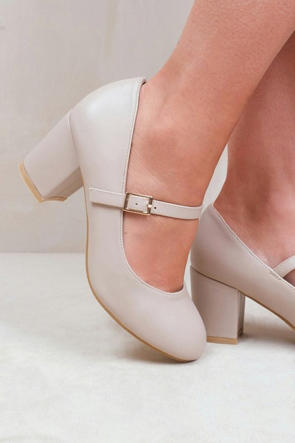 Where's That From Araceli Wide Fit Block Heel Mary Jane Pupms in Nude Faux Leather