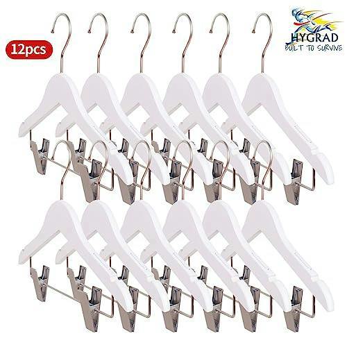 HYGRAD BUILT TO SURVIVE 12 Children's White Wooden Coat Hangers Baby Toddler Clothes 360 Swivel Hook With Clips Kids Clothes Anti Slip