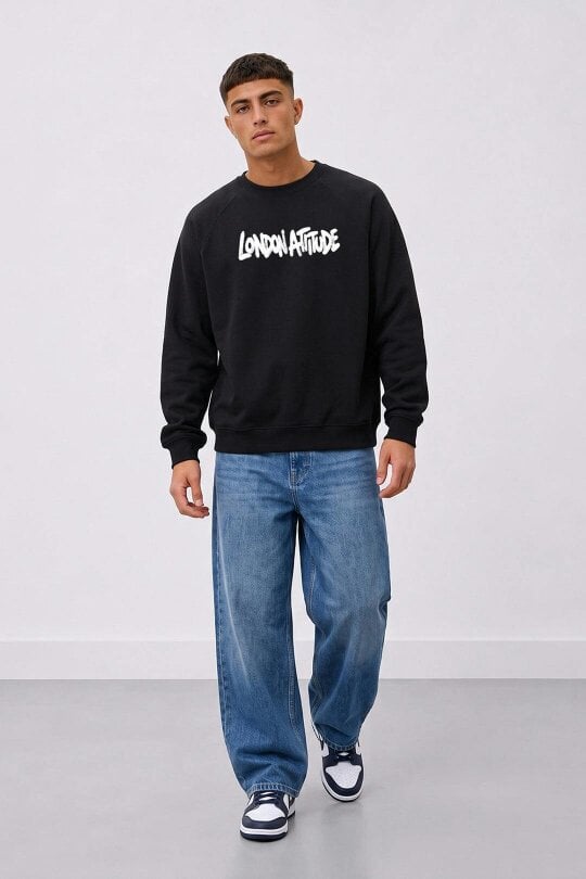 London Attitude Oversized Heavyweight City Graffiti Sweatshirt in Black
