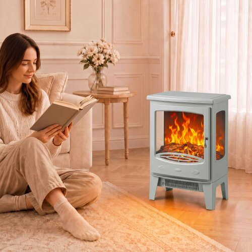 HOMCOM 900W/1800W Freestanding Electric Fireplace, Room Heater, Grey