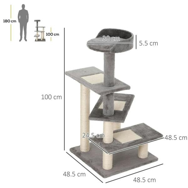 Grey cat tree tower with round perch, stacked platforms, and sisal-wrapped posts