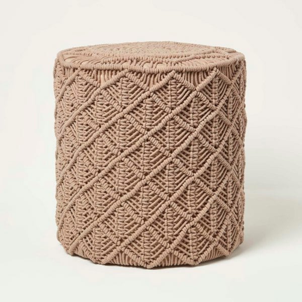 HOMESCAPES Delilah Brown Macrame Pouffe - 42 cm Tall