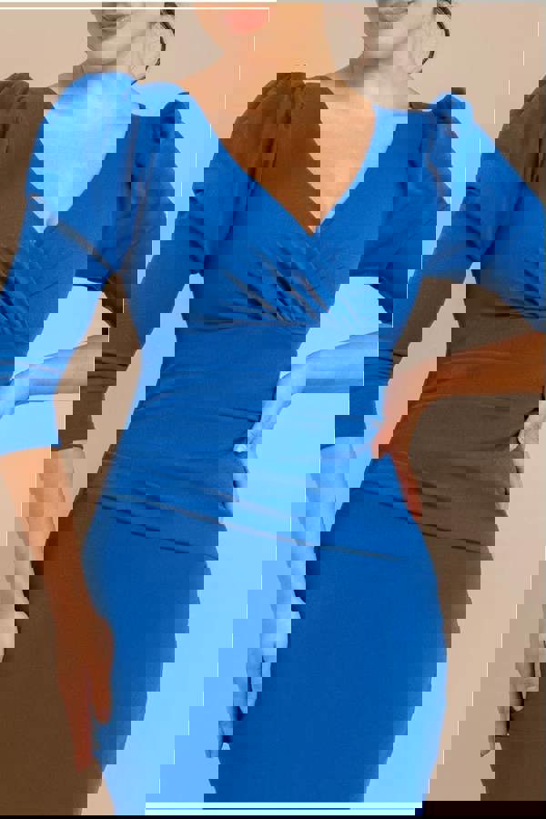 Front Wrap Pleated Scuba Midi Dress - Royal Blue DR3981