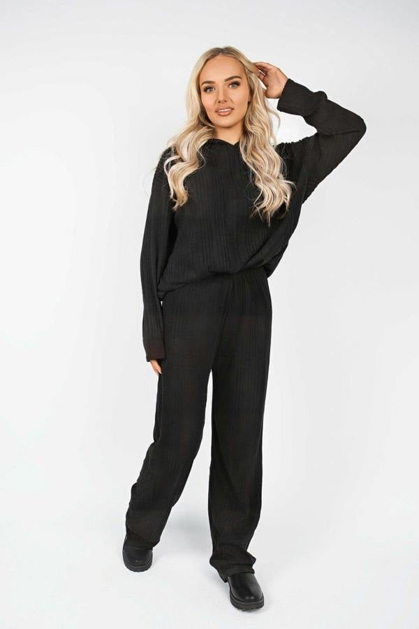 Zayana Hooded Ribbed Oversized Top And Wide Leg Lounge Co-ord Set - Black