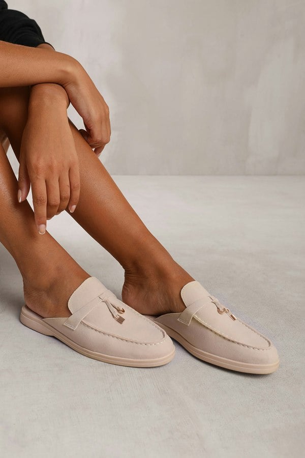 Where's That From Twilight Wide Fit Flat Slip on Loafer With Tassel Detail in Beige Suede