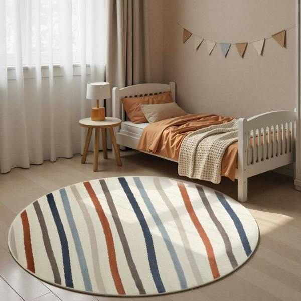 Children's bedroom with a striped rug, bed, and small table.