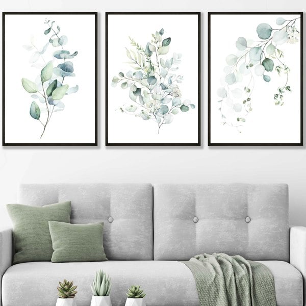 Artze Wall Art FLORAL Set of 3 Eucalyptus Blue Green Leaves Framed Prints