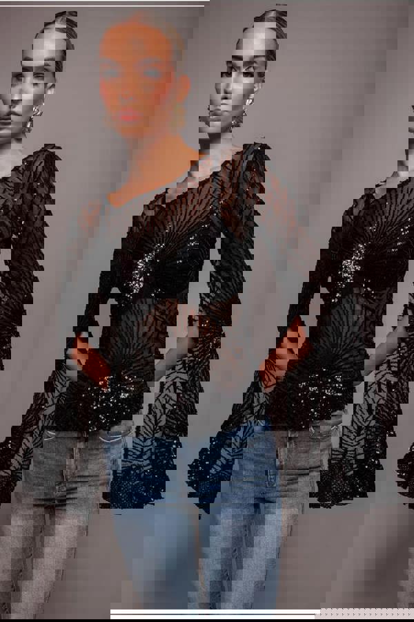 Sequin Starburst Cape Sleeve Top - Black T224