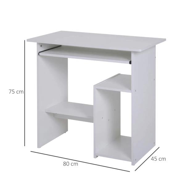 White corner computer desk with side shelves and open center