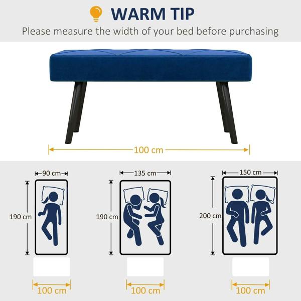 Blue upholstered bench with black legs and a flat padded seat