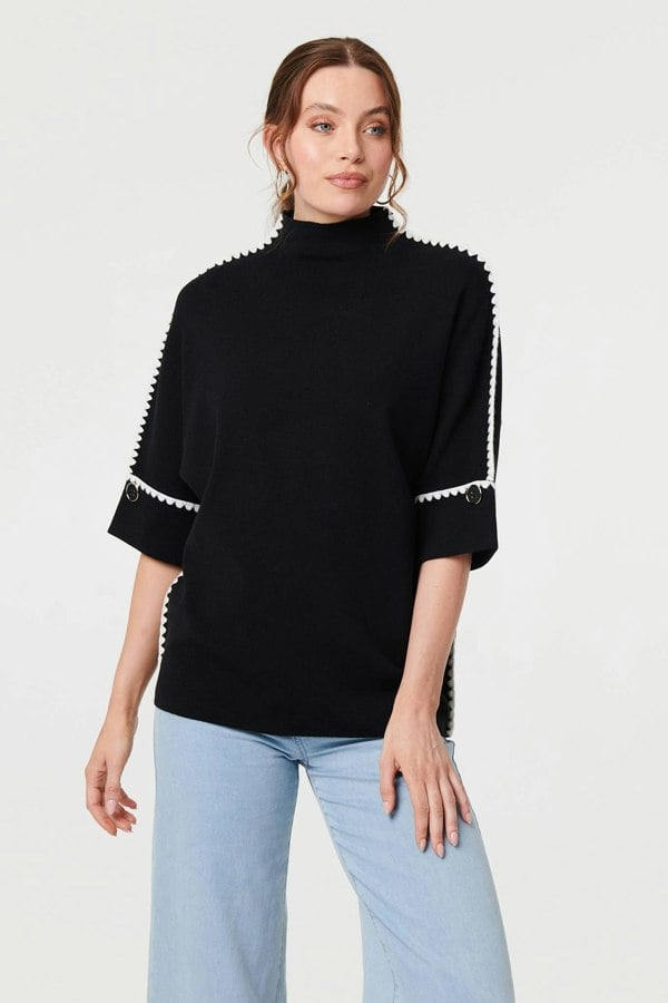 Black | Contrast Trim 3/4 Sleeve Jumper
