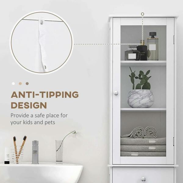 White tall bathroom cabinet with open shelves, protective anti-tip wall chain