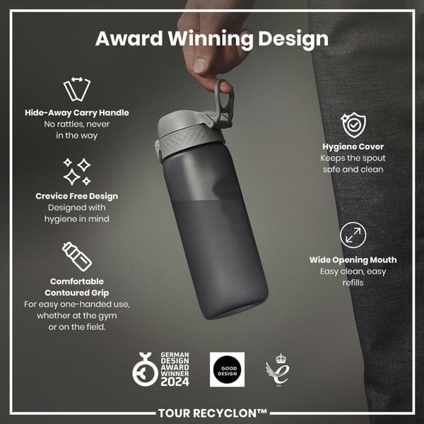 A gray water bottle is being held; its features are highlighted, including a hide-away handle, crevice-free design, contoured grip, hygiene cover, and wide mouth. Awards from 2021 and 2024 are shown.
