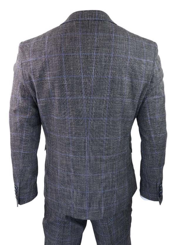 House of Cavani Mens 3 Piece Grey With Blue Check Tweed Vintage Classic Suit