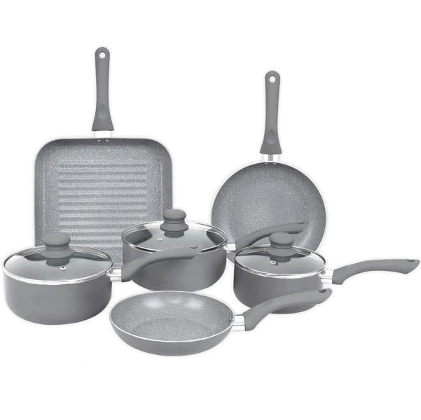 Gr8 Home 9 Piece Aluminium Grey Marble Non Stick Cookware Set Induction Frying Pans Grill Pan Saucepans and Pots