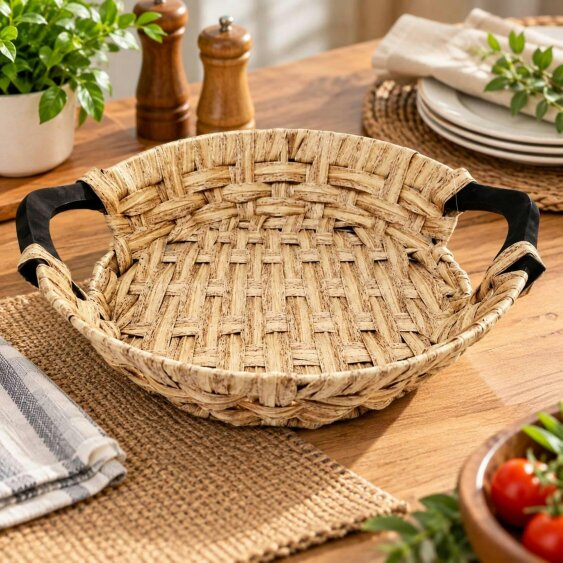 Dyzi Round Woven Basket with Handles 29cm Decorative Serving Storage Tray
