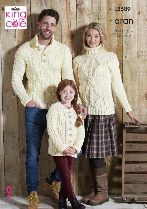 King Cole Fashion Aran Knitting Pattern 5589, Sweaters, Cardigans for Kids, Men, Women, 26 - 44 Inches