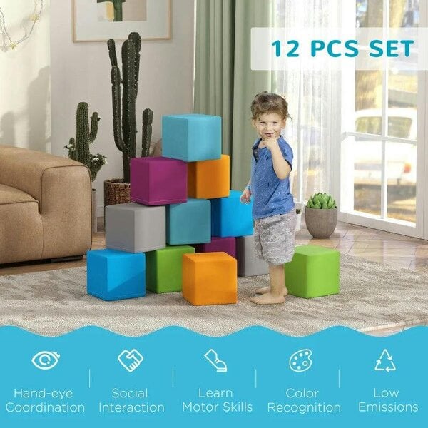12 PCs Soft Play Blocks, Soft Foam Toy, Building and Stacking Blocks for Kids, Grey