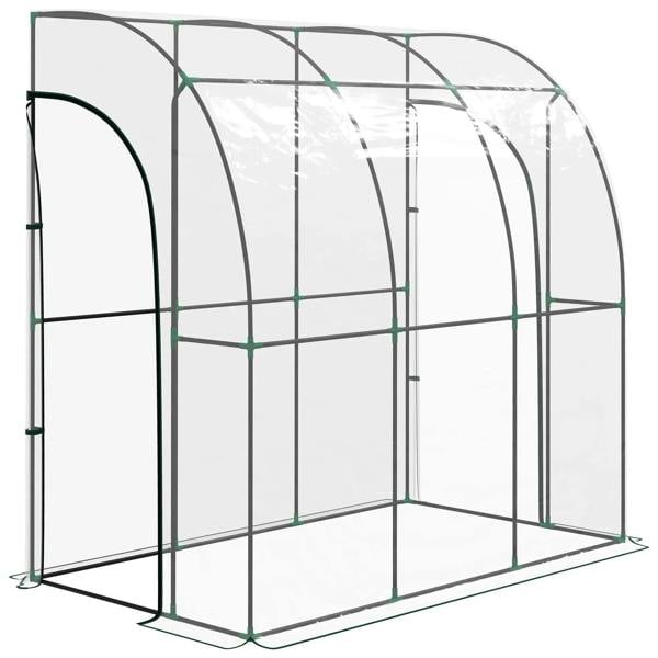 Walk-in lean-to greenhouse with green metal frame and clear transparent panels