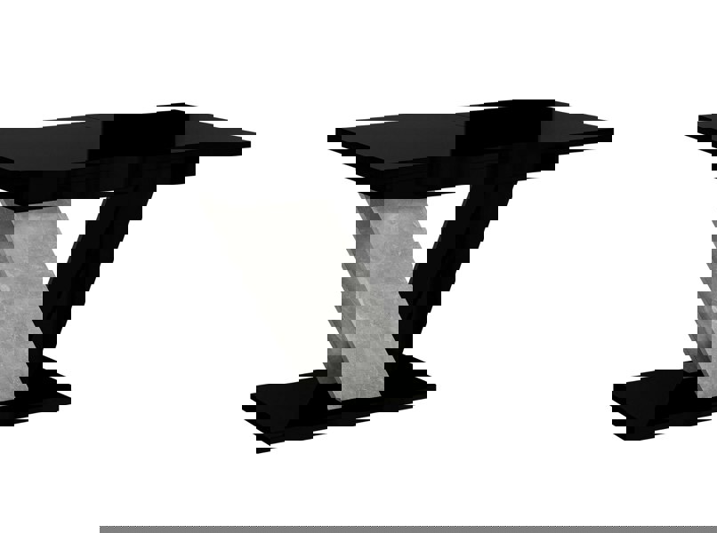 Black glass table with concrete base on a white background