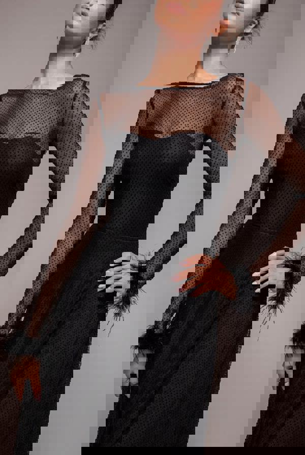 Dobby Mesh Feather Sleeve Hem Maxi Dress - Black DR4046