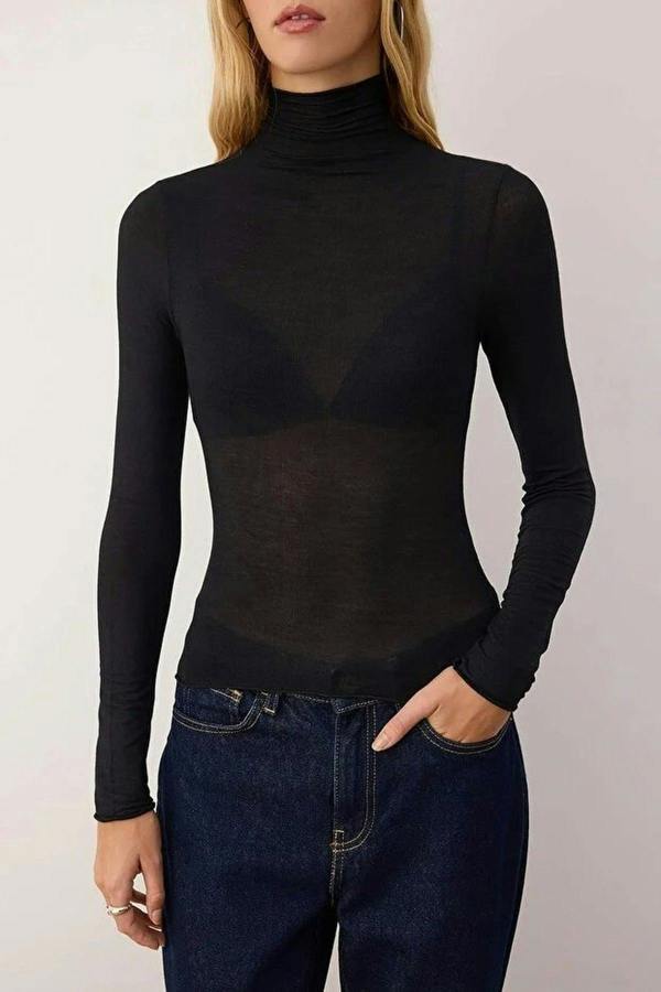WOVCOR Transparent Stand Collar Flexible Regular Knit Blouse
