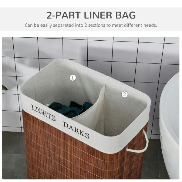 Brown laundry hamper with two-part removable liner and side handle; LIGHTS DARKS label shown.