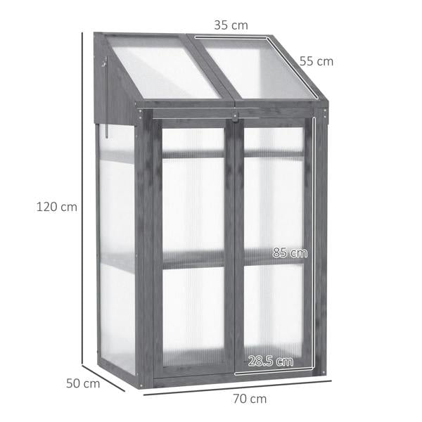 Grey wooden greenhouse with clear panels and openable lid, double-door front
