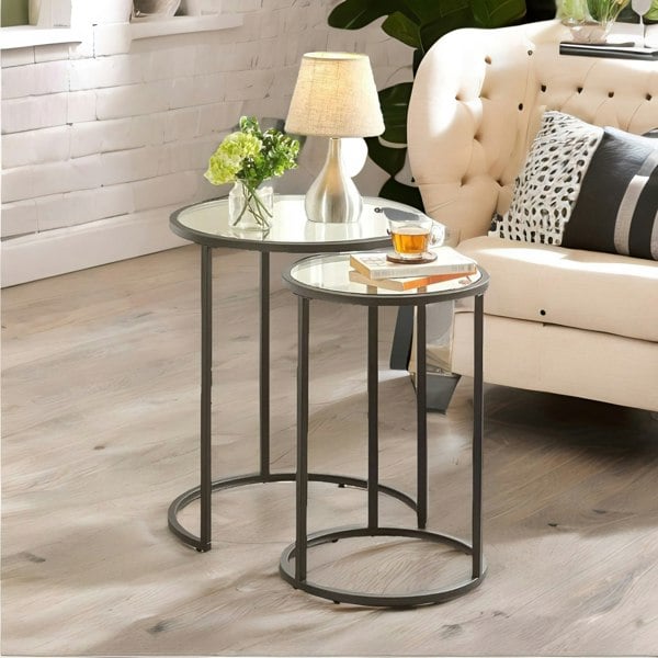 Rafaelo Mobilia Set Of 2 Round Nesting Coffee Tables With Tempered Glass Top Black