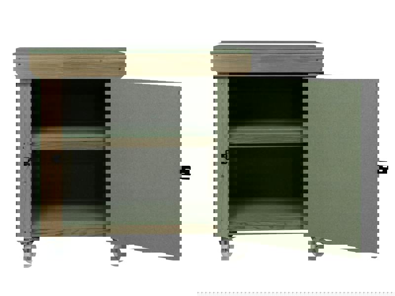 Arbor Garden Solutions Wooden UniMDF Moisture Resistant Workbench With Lockable Cupboard (V.9) With Wheels, Double Shelf