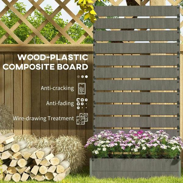 Dark grey trellis back panel with raised planter base and purple flowers below.