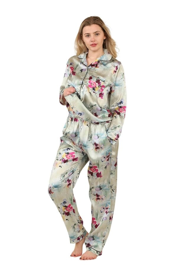 Luxury Satin Watercolour Floral Pyjama Set – Long Sleeve, Button-Up & Pockets