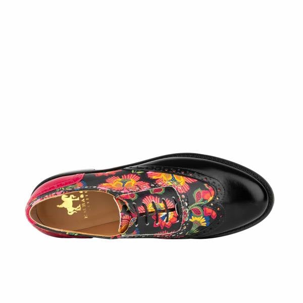 Embassy London Vivienne - Black & Red Flowers - Women's oxford lace-up shoe with brogue details