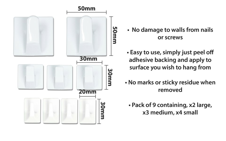 St Helens Assorted Self Adhesive Square Shaped Plastic Hooks (Pack of 9)