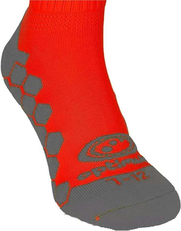 Close-up of red Classico sock grey grip sole with Optimum logo and 7-12 size - Optimum
