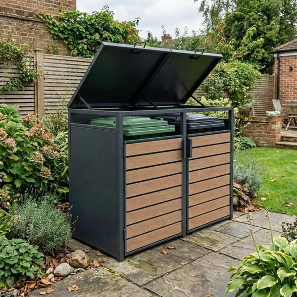 Nicoman Outdoor Metal Garbage Bin Shed with Wood Effect Doors