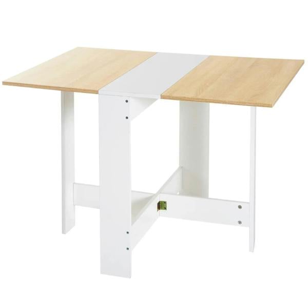 Folding drop-leaf dining table with oak top panels and white base, partially folded.