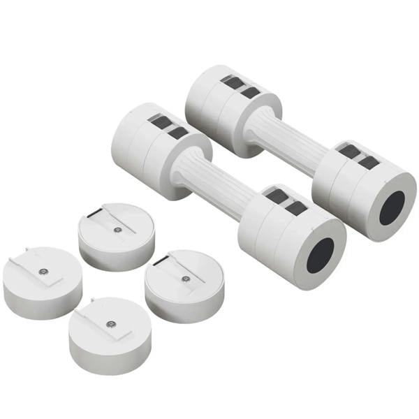 White adjustable dumbbell set with chrome handle, removable weight discs, and end caps