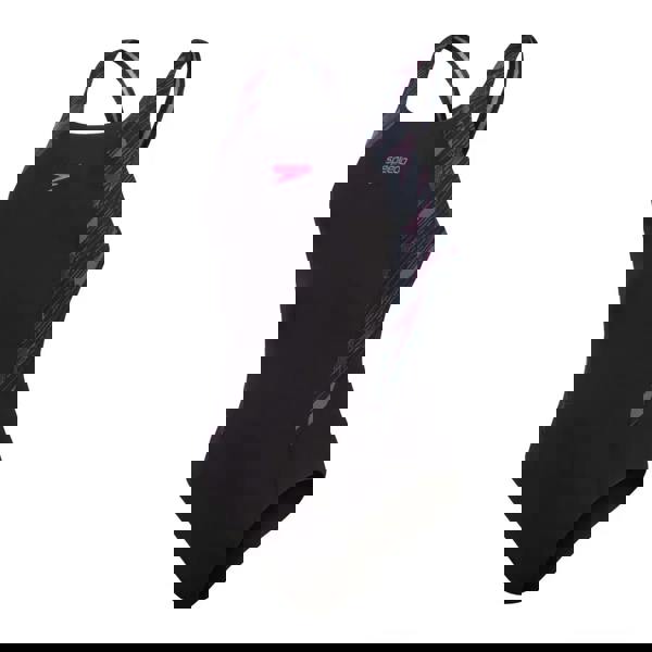 Black Speedo Hyperboom Splice Muscleback swimsuit with pink graphic