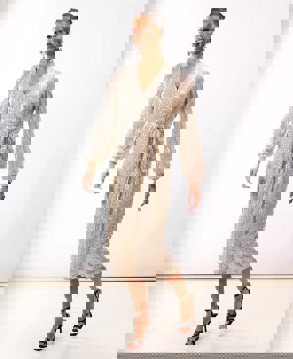 Cream Sequin Wrap Midi Dress