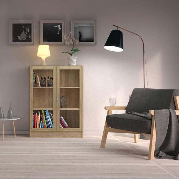 Furniture To Go Basic Low Wide Display Cabinet in Oak (2 Shelves) with 2 Glass Doors in Oak