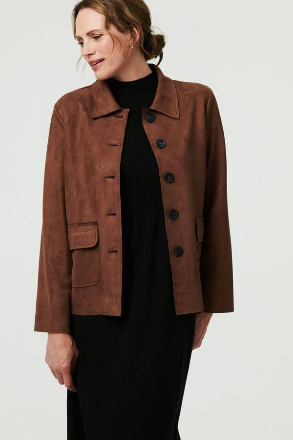 Brown | Faux Suede Button Front Shirt Jacket Model is 5'9"/175 cm and wears UK10/EU38/US6/AUS10