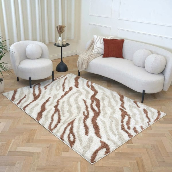 Moodi Shaggy Cream/Brown, abstract design, underfloor heating | THE RUGS