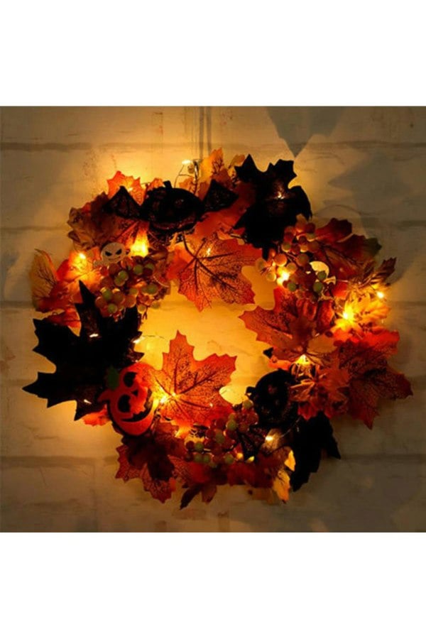 Living and Home 35cm Artificial Fall Wreath for Front Door Maple Leaf Berry Halloween Theme Wreath with Light