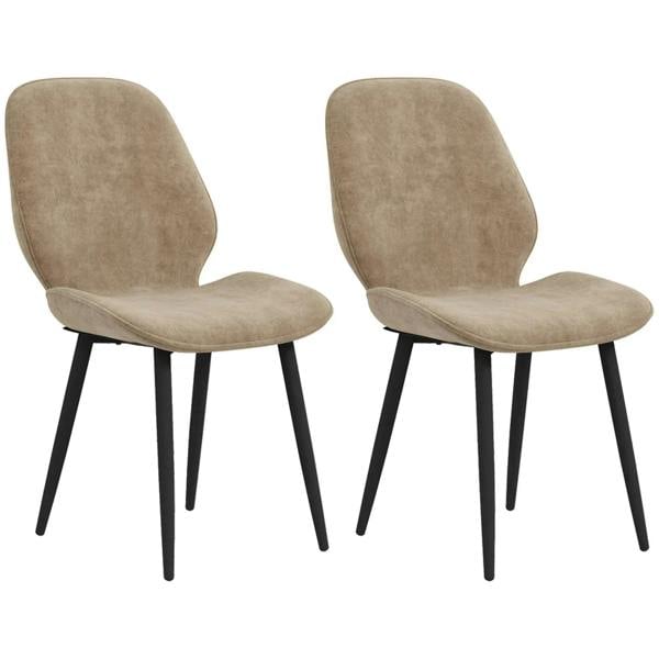 Pair of light brown velvet dining chairs with curved backs and black metal legs