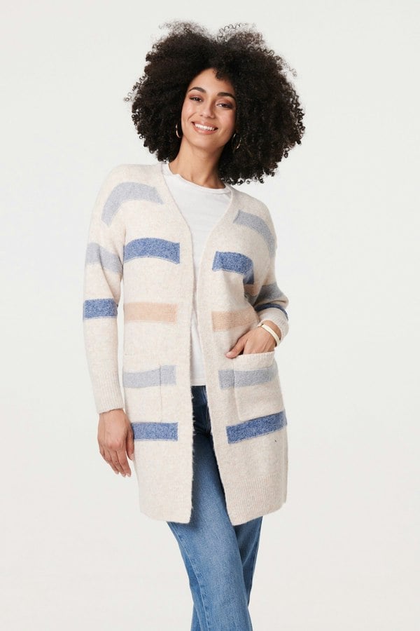 Beige | Striped V-Neck Longline Relaxed Cardigan
