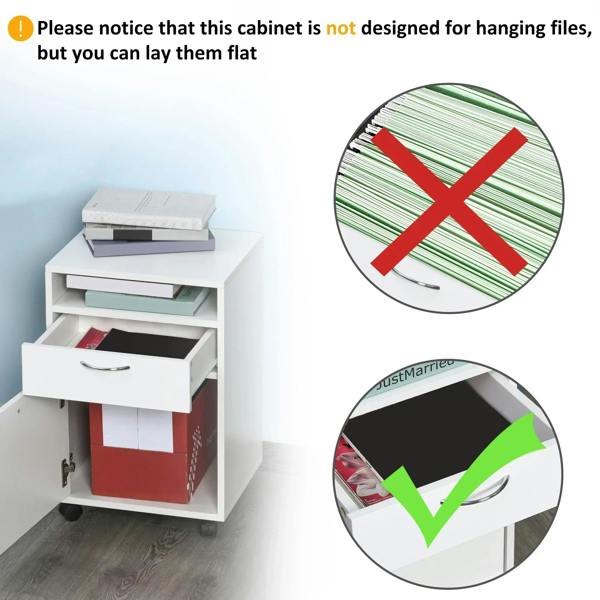 White filing cabinet with open drawer layout showing documents lying flat on tray