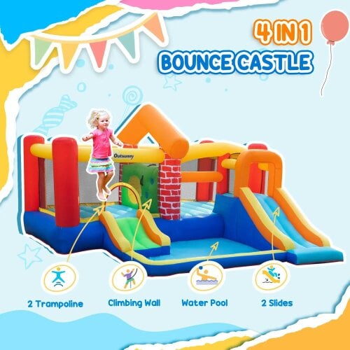 Bobobiy 4-in-1 Kids Bouncy Castle with Double Slides, Trampoline, Pool, Climbing Wall and Blower, Age 3-8, 3.8 x 3.7 x 2.3m