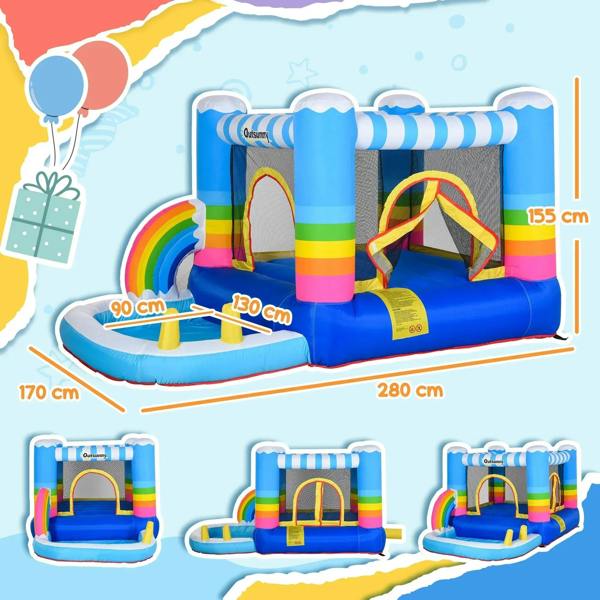 Inflatable bounce house with rainbow doors and trampoline pool, blue and multicolor panels