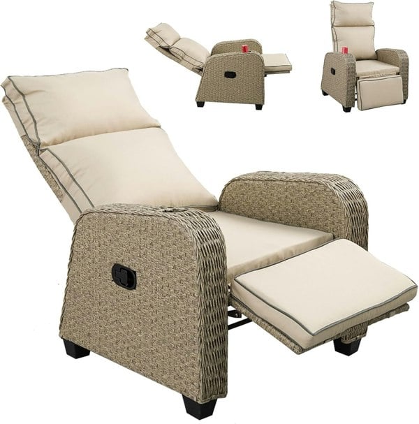 Furniture One Outdoor Wicker 170° Lay Flat Recliner Chair with Soft Cushions, Adjustable Backrest and Footrest - Natural